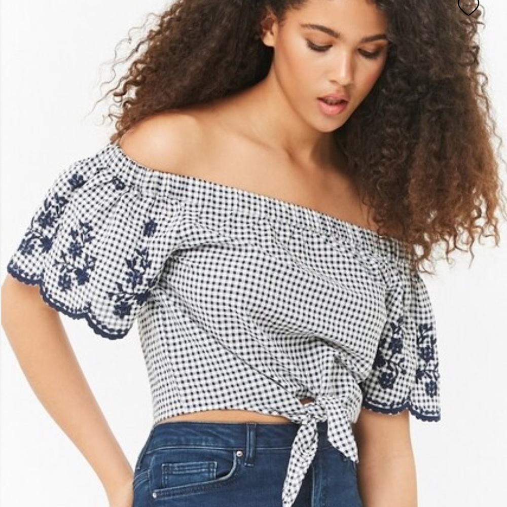 Forever 21 embroidered gingham off the shoulder crop top
